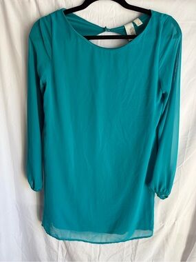 Francesca's Bird Cage Brand Teal Shift Dress  long Sleeve Lined Sheer Small